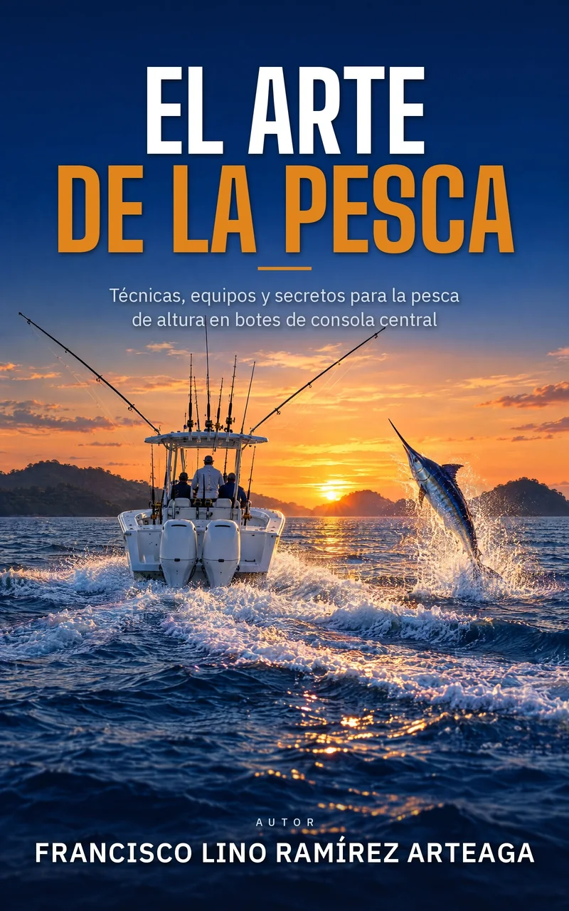 Portada de El arte de la pesca, de Francisco Lino Ramírez Arteaga: un bote de consola central con outriggers abiertos y un marlín azul saltando al amanecer